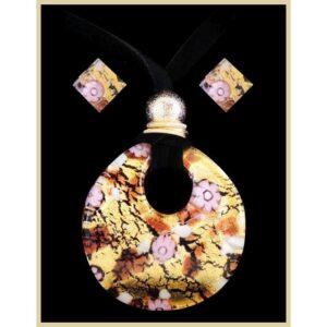 Set Of Necklace And Earrings With Round Murano Pendant And Gold Leaf ⌀4cm