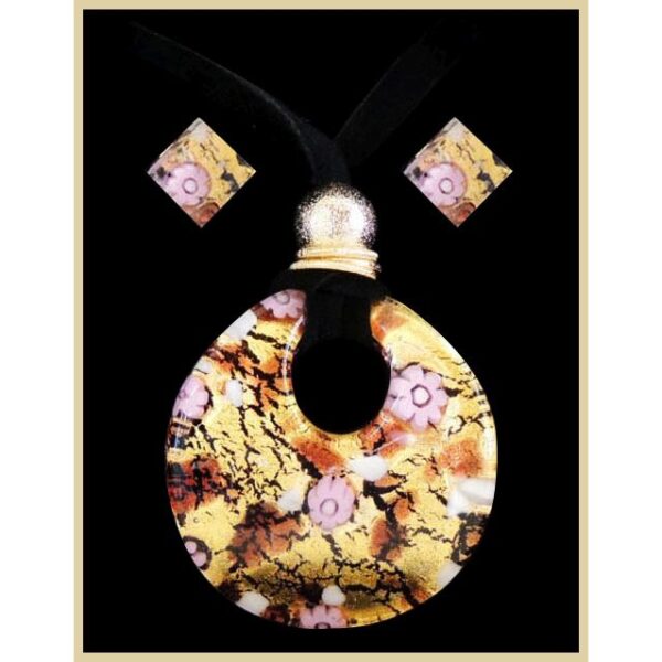 Set Of Necklace And Earrings With Round Murano Pendant And Gold Leaf ⌀4cm