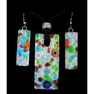 Set Of Necklace And Earrings With Murano Pendant And Silver Leaf 2x4,5cm