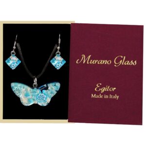 Set Of Necklace And Earrings With Butterfly Murano Pendant And Silver Leaf