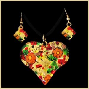 Set Of Necklace And Earrings With Heart Murano Pendant And Gold Leaf 4cm
