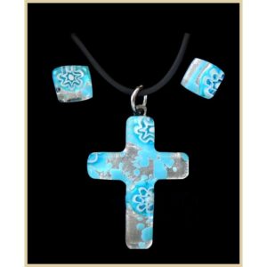 SET of NECKLACE and EARRINGS with MURANO CROSS PENDANT and Silver Leaf