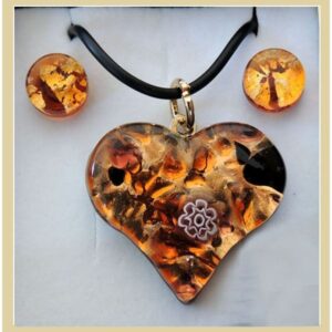 SET of NECKLACE and EARRINGS with HEART MURANO PENDANT and Gold Leaf