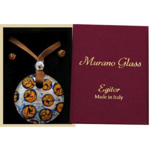 SET of NECKLACE and EARRINGS with ROUND MURANO PENDANT and Silver Leaf ⌀4cm