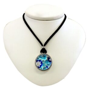 NECKLACE with MURANO ROUND PENDANT and Silver Leaf ⌀1,8cm - BORDERED