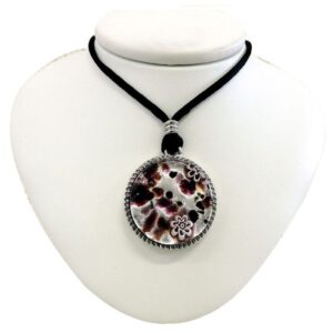 NECKLACE with MURANO ROUND PENDANT and Silver Leaf ⌀2,6cm - BORDERED