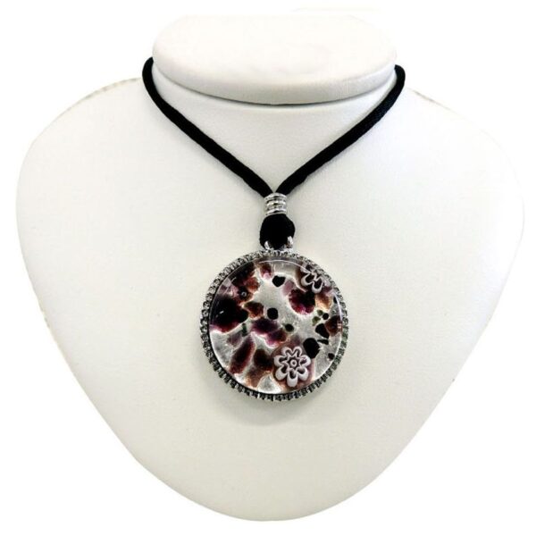 NECKLACE with MURANO ROUND PENDANT and Silver Leaf ⌀2,6cm - BORDERED